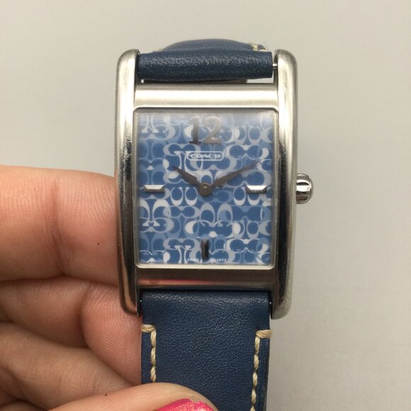 Coach Tank WatchWomen 25mm Silver Tone Blue Logo Dial Leather Band New Battery - Picture 7 of 15